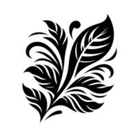 Elegant Black and White Botanical Ornament Stylized Feather and Foliage with Curls and Detailed Leaf Veins on a Pristine White Background. vector