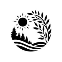 A minimalist black and white circular showcases a sun, conifer trees, rolling hills, and a leafy branch, evoking a sense of nature and tranquility. vector
