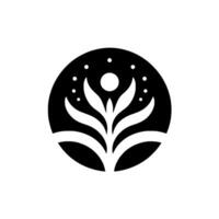 Stylized botanical logo, a symmetrical black and white featuring a flowerlike form within a circle, with dots resembling stars around the central element. vector
