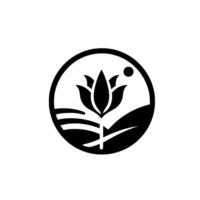 Minimalist Black and White Depicting a Flower Amidst Rolling Hills, Enclosed Within a Circle, with a Dot Above. vector