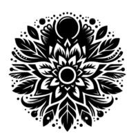 Intricate Black and White Floral Mandala Featuring Leafy Elements, Circles and Dots, Centered on a White Background vector