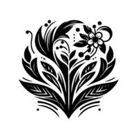 Intricate Black and White Floral Design A symmetrical arrangement of leaves, petals, and a delicate flower, creating a stylized botanical illustration. vector