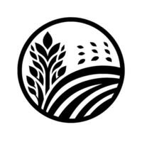 Stylized Black and White Illustration of a Wheat Field with a Plant, Leaves, and Striated Earth Within a Circular Frame. vector