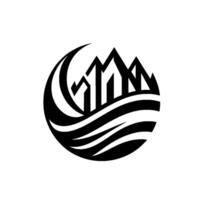 A stylized black and white featuring geometric mountain peaks rising above stylized water waves within a circular frame with a crescent shape. vector