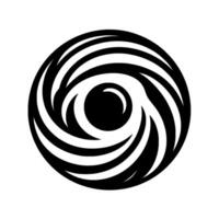 A stylized, symmetrical, black and white spiral featuring concentric arcs converging on a central black eye, evoking a sense of vortex or cyclical motion. vector