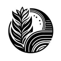 A stylized black and white botanical features a central leafy element, complemented by geometric shapes within a circular frame, embodying balance and elegance. vector