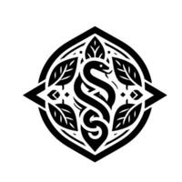Intricate Black and White Emblem A Stylized Snake Coiled with Leaves Inside a Geometric Border on White vector