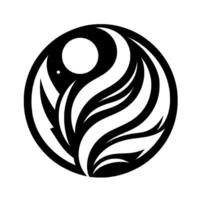 A stylized black and white circular emblem featuring flowing, layered shapes with a central circle, evoking balance, harmony, and a sense of organic design. vector