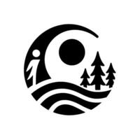 Abstract black and white circular with stylized figure walking towards pine trees under a sun, evoking nature and adventure. vector