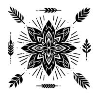 Symmetrical black and white floral mandala with radiating lines, surrounded by stylized foliage and wheatlike elements, conveying a sense of balance and design. vector