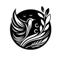 A stylized black and white emblem featuring a bird with outstretched wings, contained within a circle, adorned with leaves and crescent moon shapes, suggesting a motif of peace and serenity. vector