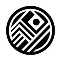 A minimalist geometric composed of a circular frame, inner geometric shapes, and a centered dot, presented in stark black and white. vector