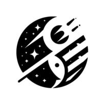 Black and White Abstract Celestial Composition A stylized emblem featuring a celestial orb, incorporating stars, shooting elements, and symbolic shapes against a pristine white backdrop. vector