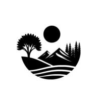 A stylized monochromatic landscape emblem, featuring a silhouette of a tree, mountains, and evergreen trees set under a full moon against a plain white backdrop. vector