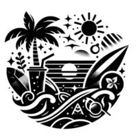 A monochromatic tropical summer emblem, featuring a stylized palm tree, surfboard, waves, a beverage, the sun, stars, and other beachthemed elements, arranged in a circular composition. vector