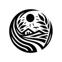 A serene, stylized black and white circular design, featuring a rural landscape with a house, rolling hills, a sun, and wheat, set in an abstract, style. vector