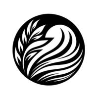 Black and white circular featuring stylized leaves merging with flowing, layered wavelike pattern within a black sphere. vector