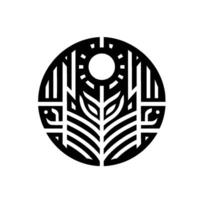 Stylized nature emblem featuring a sun, foliage, and geometric elements within a circular frame, presented in bold black and white contrast. vector