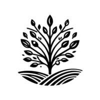 Minimalist Black White Emblem Stylized Tree with Leaves Berries, Symbolic of Growth, Nature Simplicity, Set on Rolling Hills. vector