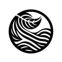 A minimalist, black and white circular featuring stylized waves and a leaf element, conveying harmony and nature. vector