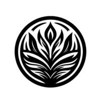 A symmetrical, stylized black and white floral emblem resembling a stylized lotus, encompassed by a black circular frame on a white background. vector