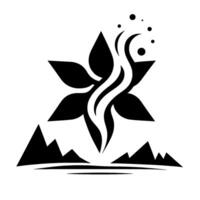 A stylized, minimalist black and white illustration featuring a flowerlike form above a mountain range, with flowing lines, suggesting steam or energy, and small floating dots. vector