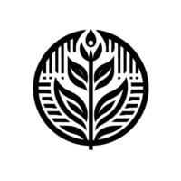 A minimalist monochrome botanical illustration featuring a stylized plant within a circular frame, rendered with clean lines and geometric patterns on a white background, evoking elegance and nature. vector