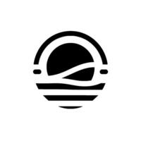 Abstract minimalist featuring a black sun or planet within a rounded frame, with wavelike elements and horizontal lines beneath, set against a white background. vector