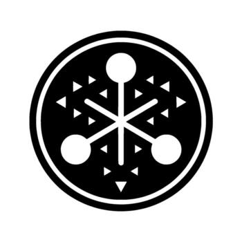 A stark, graphic, black and white emblem featuring a central starburst with spheres and directional triangles, enclosed within a circular frame against a white background. vector