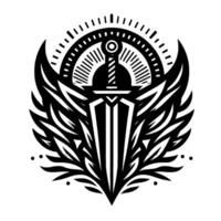 Majestic Black and White Emblem A Central Sword, Winged Crest Design, Featuring a Detailed Circular Element, and Stylized Foliage Elements. vector