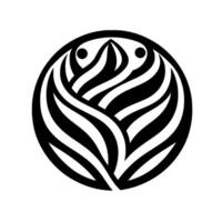 Monochromatic emblem of a stylized floral motif, incorporating curved, symmetrical lines radiating outwards from a central point, encapsulated in a perfect circle with dot accents. vector