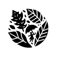 A whimsical, monochromatic illustration of a person with an umbrella amidst stylized leaves, suggesting autumn or rain within a circular frame. vector