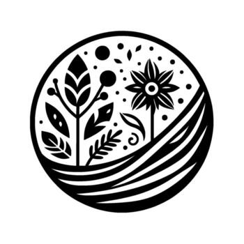 elegante negro y blanco botánico ilustración un circular composición presentando un estilizado flor, hojas, bayas, y curvo elementos, creando un armonioso y decorativo diseño. vector