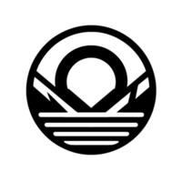 Abstract black and white circular featuring a stylized mountain range within a stylized sunsetsunrise, with horizontal lines at the base suggesting water. vector