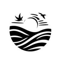 Symbolic black and white illustration of a seascape within a stylized circular frame, featuring rolling waves, a sun, and flying birds. vector