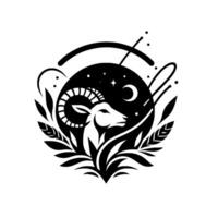Silhouette of an Aries Ram in a Celestial Emblem, Surrounded by Foliage and Cosmic Elements on a White Background. vector