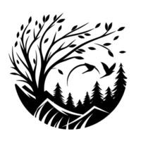 A monochrome circular illustration showcasing stylized nature elements a tree, birds in flight, mountains, and fir trees, creating a tranquil and elegant composition. vector