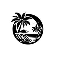 Silhouette of a tropical beach scene within a circle, featuring palm trees, beach chairs, umbrella, birds, and ocean, conveying relaxation. vector