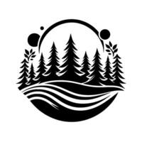 Stylized Black and White Forest Scene in a Circle, Featuring Pine Trees, Abstract Terrain, and Celestial Elements. vector