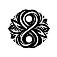 Symmetrical Black and White Floral Infinity Symbol A stylized, circular composition featuring interwoven shapes, resembling an infinity sign, with a florallike outer arrangement of leaves and pe vector