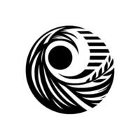 A symmetrical, abstract yinyang composition, featuring a circular divided into dark, organic shapes resembling water and a stylized leaf, all within a white background. vector