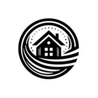 Elegant black and white circular featuring a stylized house within swirling lines, representing home or real estate, with minimalist aesthetic. vector