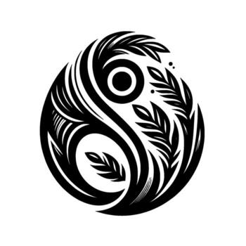 A YinYang symbol rendered in minimalist black and white, incorporating organic, leaflike elements with smooth curves and detailed lines, creating a balanced, natural composition. vector