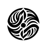 Intricate, stylized black and white circular featuring interwoven leaf and wavelike patterns radiating outwards from a central dot, reminiscent of tribal art. vector