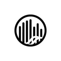 Abstract black and white featuring vertical bars and wavy ribbons inside a circular frame, evoking sound or data visualization. vector