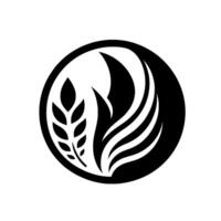 Monochromatic depicting a stylized wheat stalk and curved, winglike forms within a black circular frame, evoking growth and elegance. vector