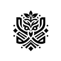 Intricate geometric black and white owl illustration, a symmetrical and stylized representation of a wise owl, with leaf details. vector