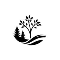 A monochrome landscape emblem featuring stylized trees, hills, and foliage within a circular, minimalist against a clean white backdrop. vector