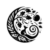 A stylized black and white circular illustration featuring a fox nestled beneath a tree with leaves, berries, and a prominent cherry within a decorative frame. vector