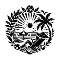 Silhouette of a beach scene within a circular frame woman relaxing in a chair, sun, palm tree, umbrellas, sunbathers, and elements of fruit, evoking a peaceful summer vibe. vector